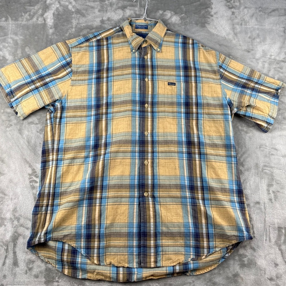 Faconnable Shirt Mens L Plaid Yellow Blue Short Sleeve Button-Down EUC